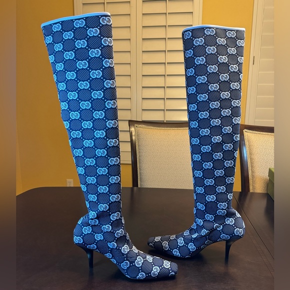 New Gucci GG Supreme Logo Knit Blue Knee High Boots Size 37.5 / US 7.5 - Picture 11 of 16
